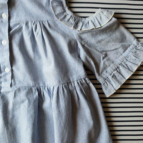 Blue Vanilla blouse shirt with open shoulders and ruffles, new, size S