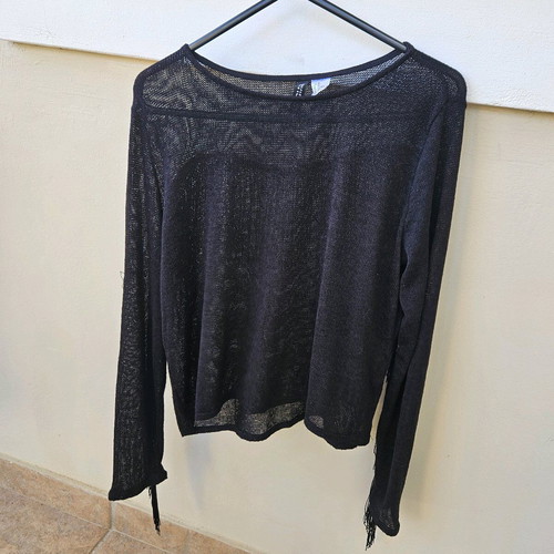 See Through thin sweater used, black, with fringes