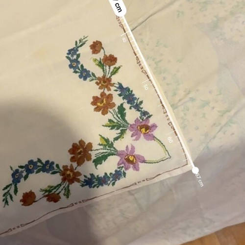 Vintage handmade tablecloth 68x67 cm with colorful floral cross-stitch embroidery