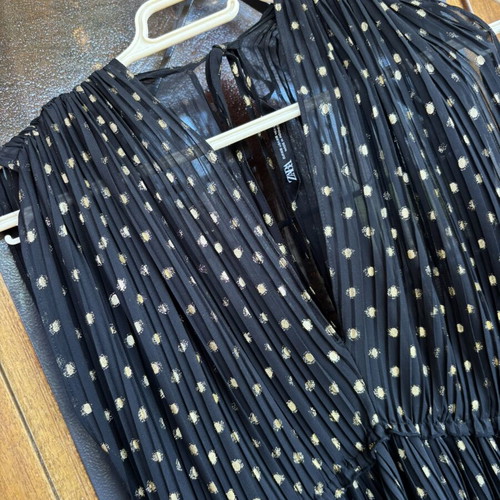 Zara dress black with gold polka dots, pleated, new, size XS