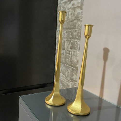 Set of two brass candlesticks with 24k gold leaf