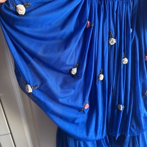 Vintage strapless dress 80s blue with fabric roses size 46 like new
