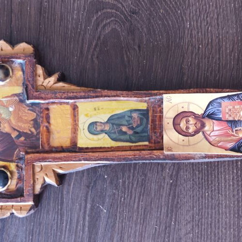 Handmade wooden cross with saint icons 30×15cm like new