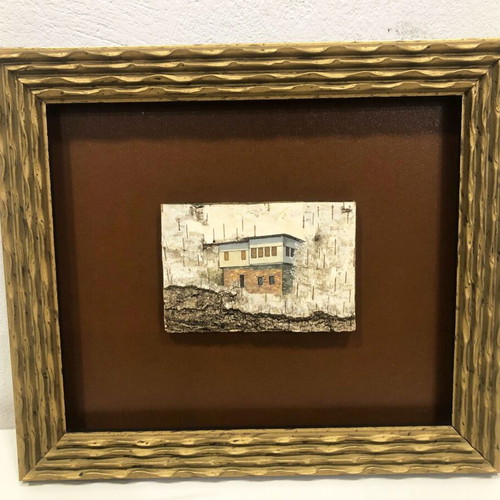 Handmade painting on a thin wooden bark with the theme "Mount Athos"