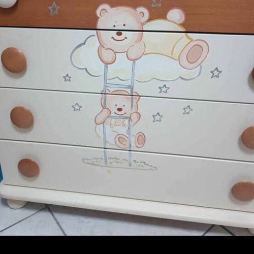Cot bed with mattress and cherry wood drawers like new