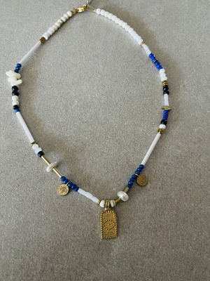 Handmade necklace worn a few times, white and blue