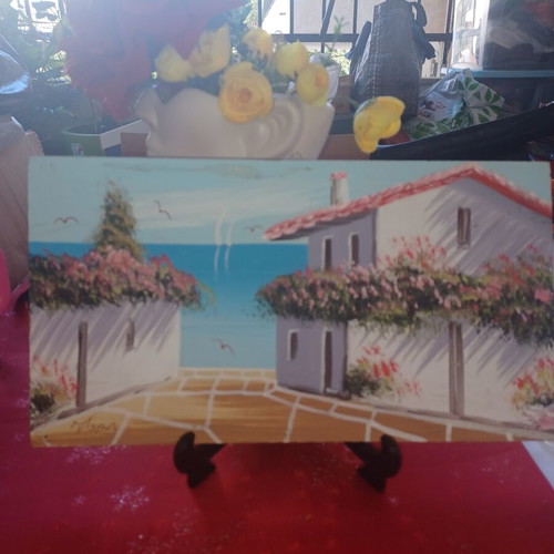 Handmade painting of Greek island with sea view used