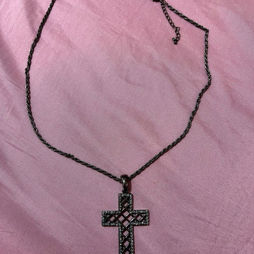 Steel cross necklace with crystal detail like new, black