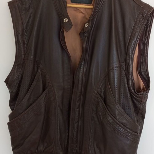 Leather sleeveless jacket used, genuine leather, brown, size L