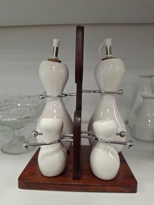 Oil and vinegar set with salt and pepper in wooden base porcelain