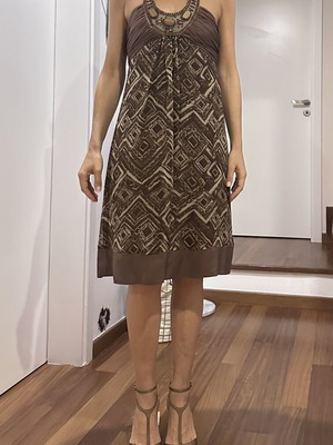 BCBG Max Azria silk dress like new, brown geometric pattern