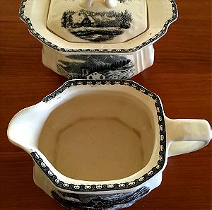 Vintage αυθεντικό συλλεκτικό σετ γαλατιέρας-ζαχαριέρας από πορσελάνη Ολλανδίας Societe Ceramique Maastricht