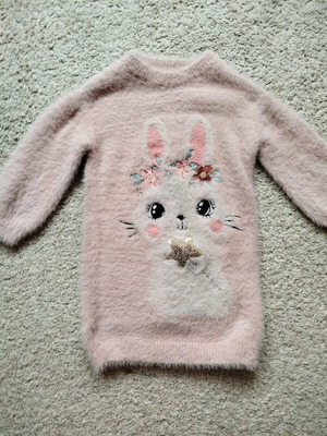 C&A Winter knitted dress pullover like new, pink with bunny design