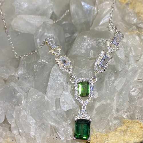 Silver necklace with natural indicolite, green tourmaline, topaz and moissanite
