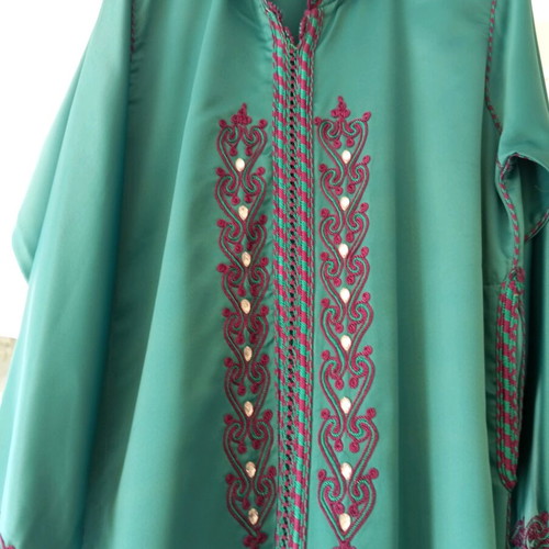 Caftan from Morocco satin silk petrol with purple embroidery and hood new XL