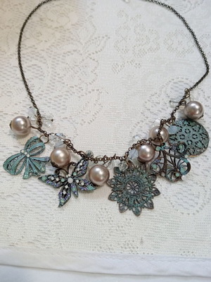 Laura Ashley necklace with charms, faux pearls, adjustable length, like new