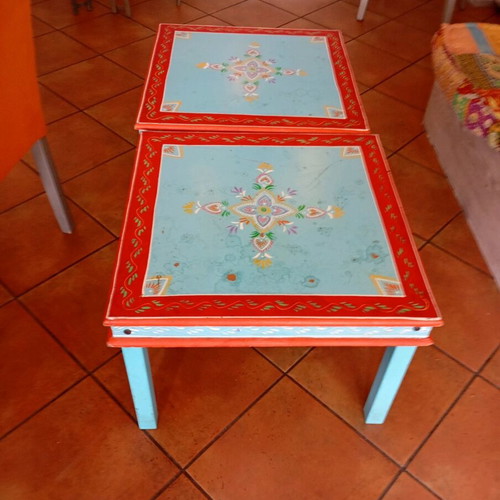 Fabric chairs used, 6 pcs, 2 small tables and 4 handmade painted wooden tables