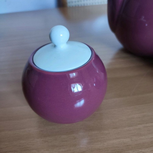 Clay teapot, sugar bowl and creamer with white lid, maroon, new