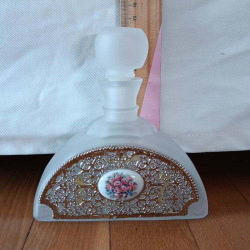 Annabella vintage frosted glass perfume bottle with filigree and porcelain medallion