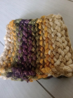 Knitted neck warmer handmade, beige-olive-orange with gold thread