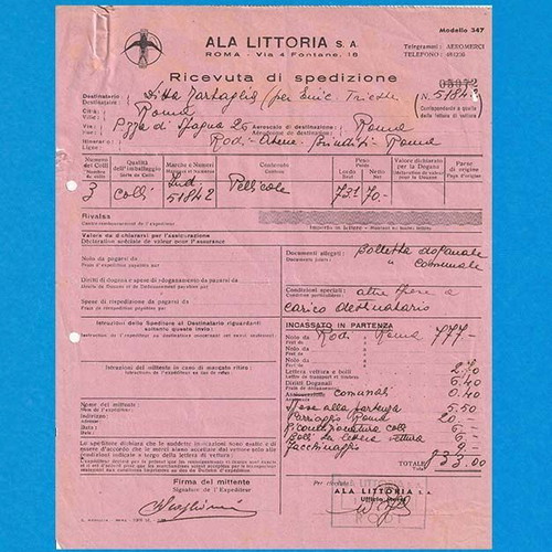 Historical Shipping Receipt used from Italian Airline Ala Littoria S.A.