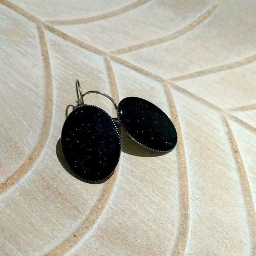 Handmade steel oval earrings with black iridescent liquid glass new