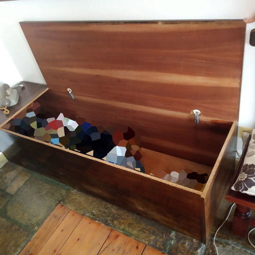 Wooden storage bench with cushions in excellent condition