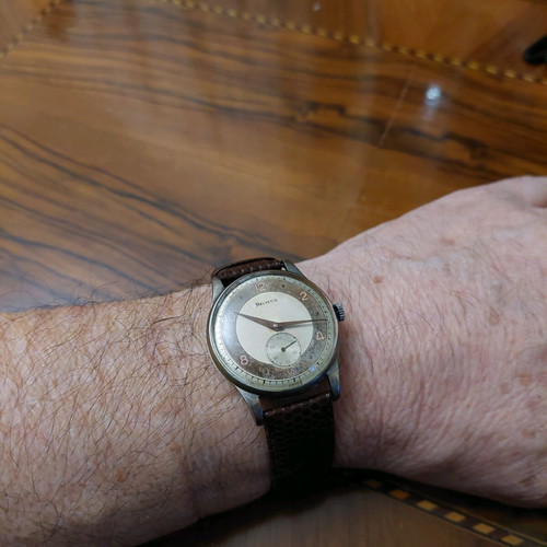 Helvetia Swiss made men's watch used with two-tone dial and leather strap