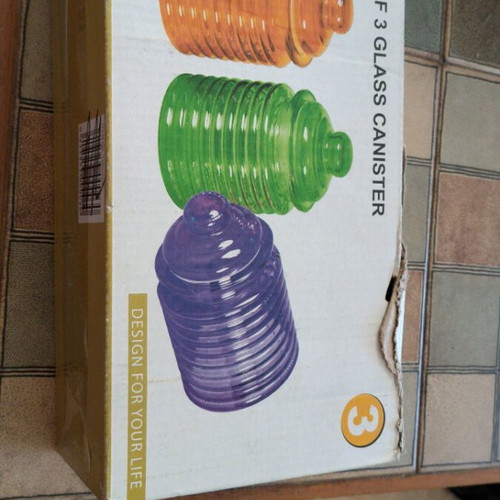 Set of 3 glass canisters with colorful lids, new