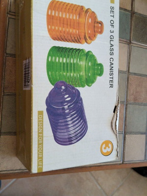 Set of 3 glass canisters with colorful lids, new