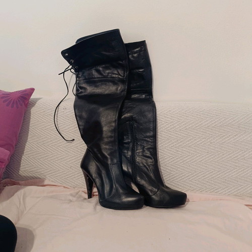 Women's leather over-the-knee boots with 12 cm heel used, black, size 38