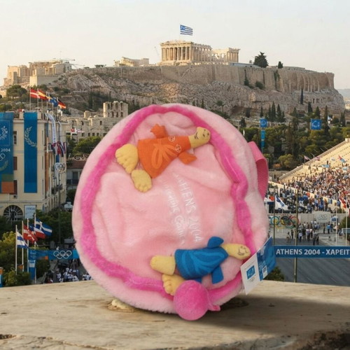 Athens 2004 Olympic Games plush backpack with Phoebus and Athena mascots