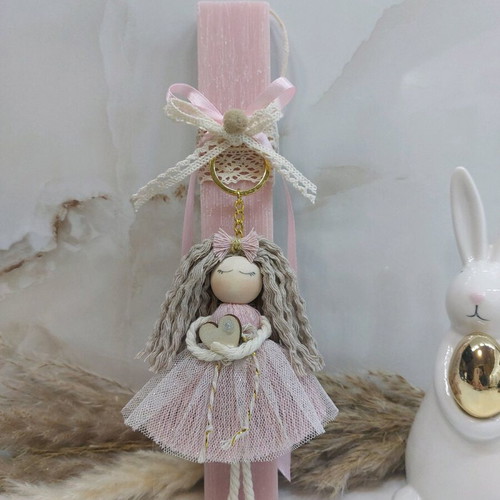 Scented candle with handmade macrame doll keychain new