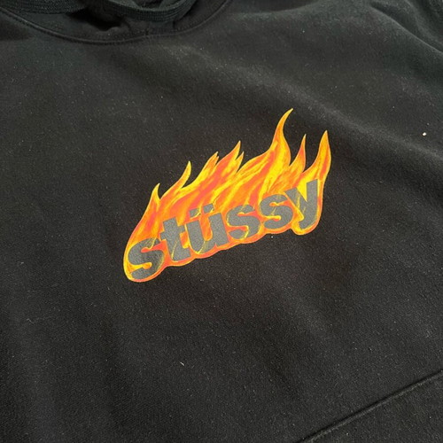 Stussy hoodie used, black with orange flames, size M
