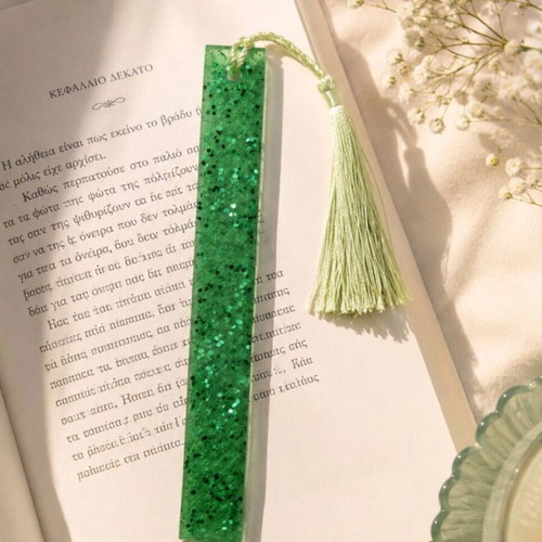 Handmade green resin bookmark with glitter and tassel