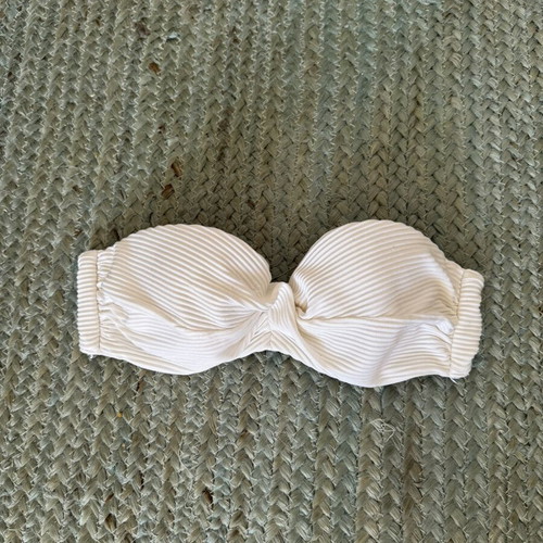 White Ribbed Bandeau Bikini Top used, strapless, adjustable back