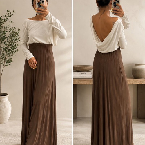 Long dress like new with open back, size XS, white and brown