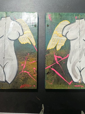 Handmade artwork twin angels on wood by Tim Dimitriou like new