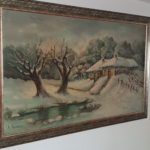 Signed A. Limnaios Winter Landscape Oil Painting on Canvas like new