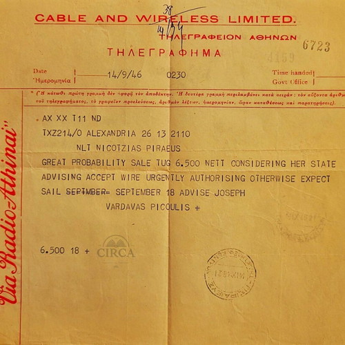 Nautical telegrams like new, pair 1946 Cable & Wireless Athens