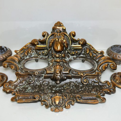 Victorian Baroque style double inkwell, brass with copper plating