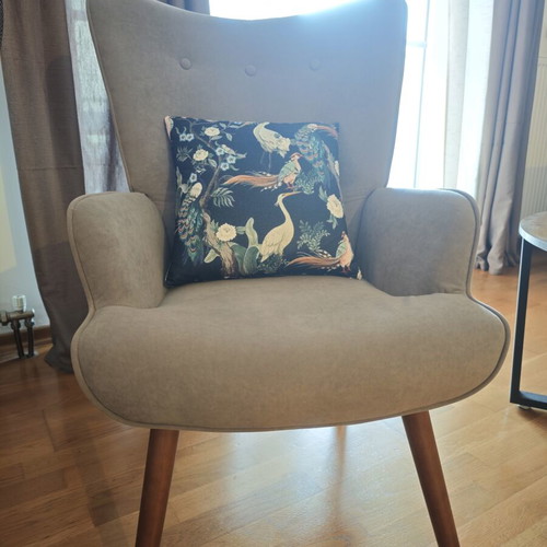 Armchair, stool and cushion set like new, beige fabric