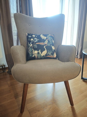 Armchair, stool and cushion set like new, beige fabric