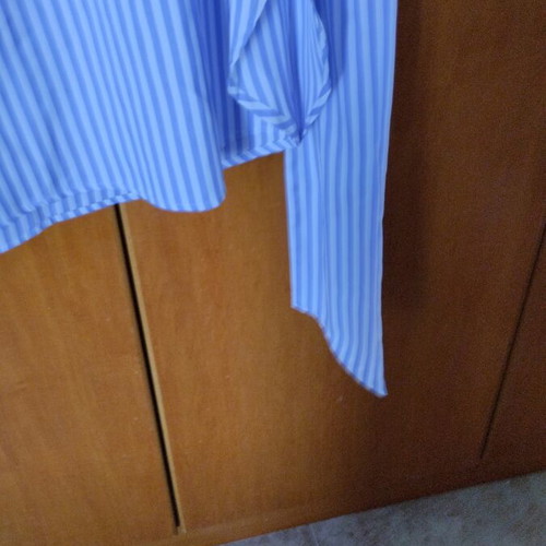 Summer dress with V-neck and long waist ties, blue and white stripes, size M