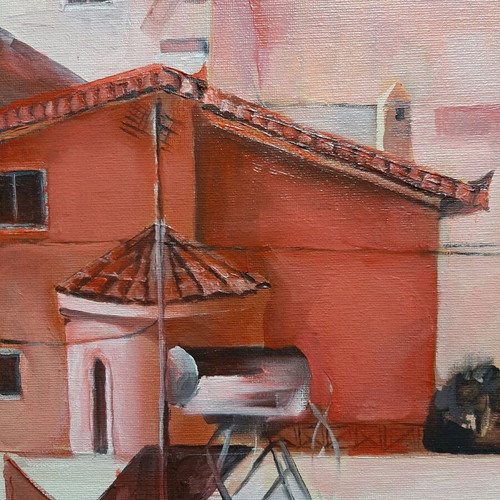 Oil painting new urban landscape on red canvas