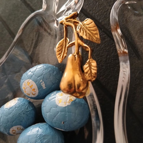 Vintage glass bowls shaped like pears with brass fruit detail, like new