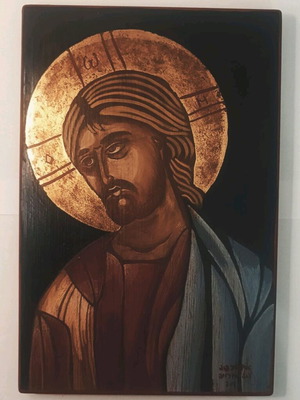 Handmade aged Byzantine icon of Jesus Christ with gold leaf