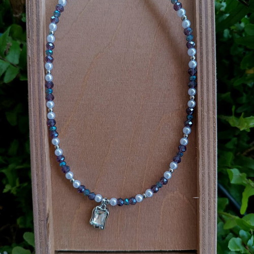 Handmade necklace with artificial pearls and beads in dark purple and grayish blue