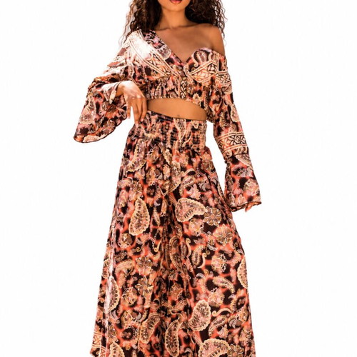 Salmon Crop Top and Pants Set new, colorful paisley print