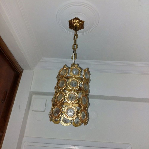 Vintage ceiling light with crystal hexagons used, metal